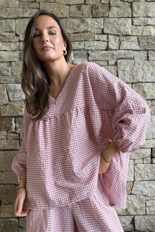 Arbi Gingham Peasant Smock Blouse Indian Pink